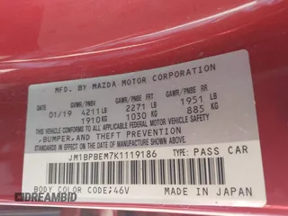 2019 Mazda 3 Premium with VIN JM1BPBEM7K1119186, listed as a IAAI auction lot 41862021 with 39,248 mi miles and . Bid and sale history available at DreamBid. Image 9.