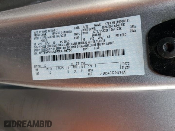 2024 Ford F-250 XL with VIN 1FT8W2BA5REC59750, listed as a Copart auction lot 56022695 with 2,724 mi miles and Salvage title. Bid and sale history available at DreamBid. Image 12.