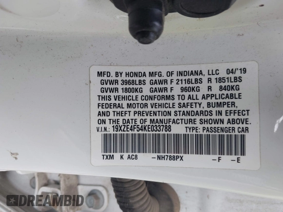 2019 Honda Insight EX with VIN 19XZE4F54KE033788, listed as a IAAI auction lot 41719722 with 101,227 mi miles and . Bid and sale history available at carsss.com. Image 9.