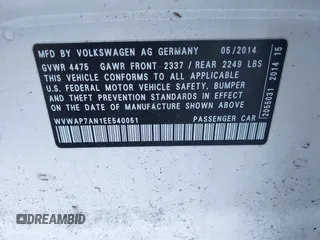 2014 Volkswagen CC Sport with VIN WVWAP7AN1EE540051, listed as a IAAI auction lot 41381933 with 54,896 mi miles. Bid and sale history available at carsss.com. Image 9.