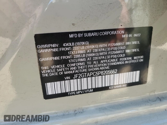 2023 Subaru Crosstrek Premium with VIN JF2GTAPC5P8205662, listed as a Copart auction lot 62179985 with 24,603 mi miles and Salvage title. Bid and sale history available at DreamBid. Image 14.