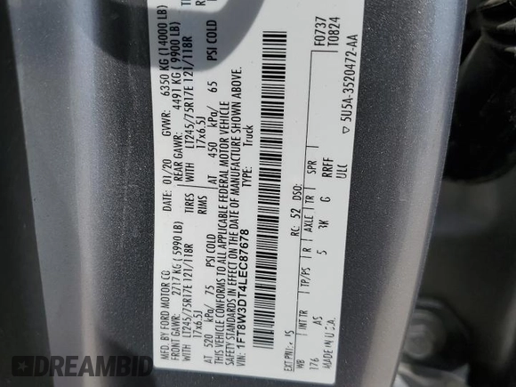 2020 Ford F-350 XL with VIN 1FT8W3DT4LEC87678, listed as a Copart auction lot 52613165 with 56,254 mi miles and Salvage title. Bid and sale history available at DreamBid. Image 13.