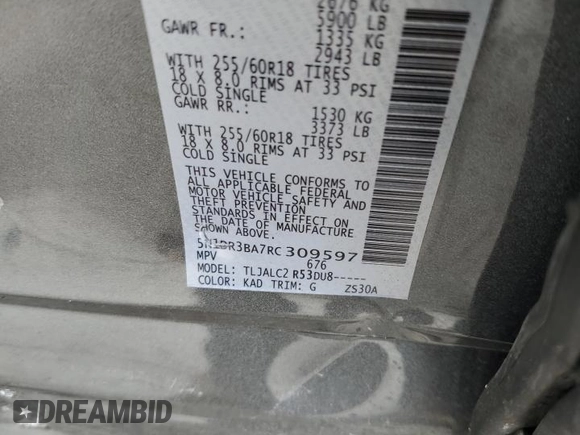 2024 Nissan Pathfinder SV with VIN 5N1DR3BA7RC309597, listed as a Copart auction lot 56742315 with 5,982 mi miles and Salvage title. Bid and sale history available at DreamBid. Image 13.