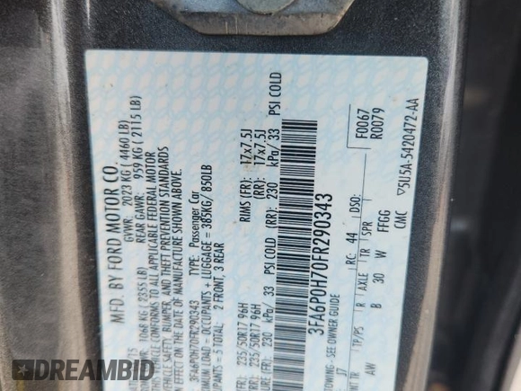 2015 Ford Fusion SE with VIN 3FA6P0H70FR290343, listed as a Copart auction lot 61764945 with 116,904 mi miles and Salvage title. Bid and sale history available at DreamBid. Image 12.
