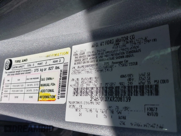 2019 Ford Fusion SE with VIN 3FA6P0LUXKR208139, listed as a IAAI auction lot 41820958 with 66,609 mi miles and . Bid and sale history available at DreamBid. Image 9.