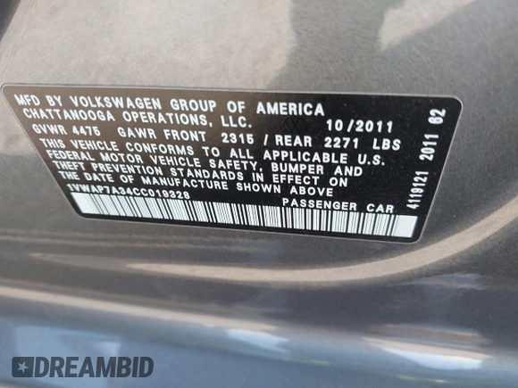 2012 Volkswagen Passat S w/Appearance with VIN 1VWAP7A34CC019328, listed as a IAAI auction lot 41393247 with 209,861 mi miles. Bid and sale history available at carsss.com. Image 9.