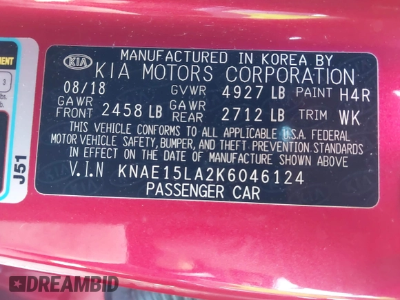 2019 Kia Stinger with VIN KNAE15LA2K6046124, listed as a IAAI auction lot 41348793 with 58,162 mi miles. Bid and sale history available at carsss.com. Image 9.