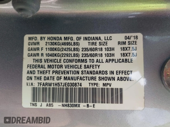 2018 Honda CR-V EX with VIN 7FARW1H57JE030874, listed as a IAAI auction lot 42000029 with 44,445 mi miles and . Bid and sale history available at carsss.com. Image 9.