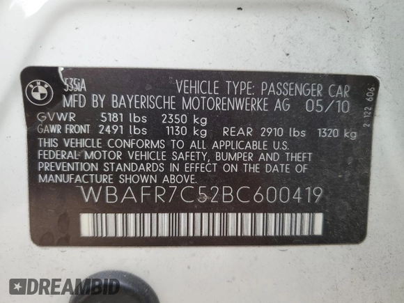 2011 BMW 5 Series 535i z VIN WBAFR7C52BC600419, wystawiony jako Copart lot #78682434 z przebiegiem Nie podano mil oraz Szkoda całkowita • Salvage title. Historia ofert i sprzedaży dostępna na DreamBid. Obrazek 13.