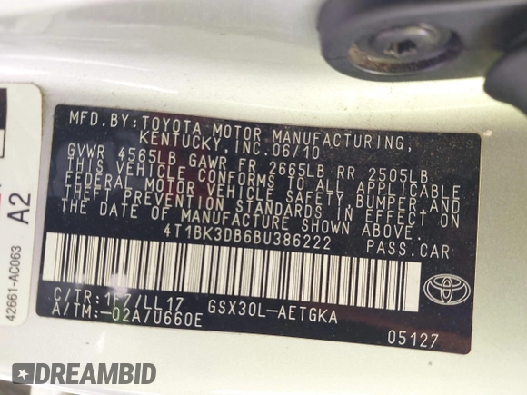 2011 Toyota Avalon with VIN 4T1BK3DB6BU386222, listed as a IAAI auction lot 41194993 with 97,822 mi miles and . Bid and sale history available at carsss.com. Image 9.