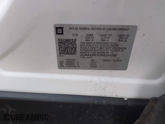 2019 Chevrolet Equinox LT with VIN 2GNAXKEV7K6190252, listed as a IAAI auction lot 42185570 with 63,233 mi miles and . Bid and sale history available at DreamBid. Image 9.