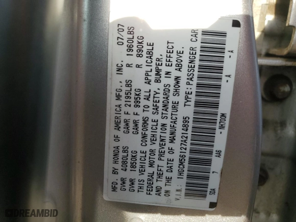 2007 Honda Accord Sdn VP with VIN 1HGCM56127A214895, listed as a Copart auction lot 48973635 with 285,762 mi miles and Salvage Title. Bid and sale history available at carsss.com. Image 12.