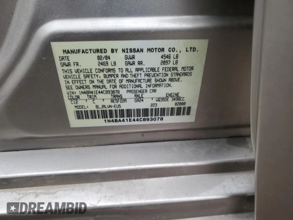2004 Nissan Maxima SL with VIN 1N4BA41E44C893078, listed as a Copart auction lot 81782444 with Not Provided miles and Salvage Title. Bid and sale history available at DreamBid. Image 14.