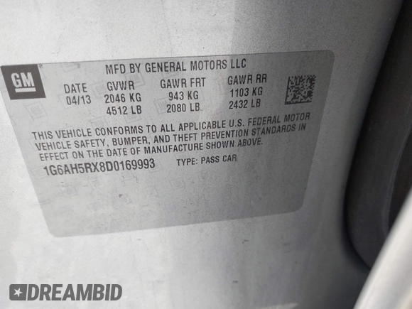 2013 Cadillac ATS Luxury with VIN 1G6AH5RX8D0169993, listed as a IAAI auction lot 40648720 with 116,460 mi miles and . Bid and sale history available at DreamBid. Image 9.