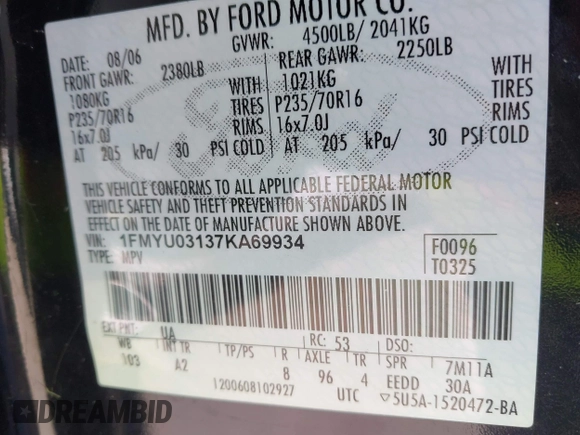 2007 Ford Escape XLT with VIN 1FMYU03137KA69934, listed as a IAAI auction lot 41007739 with 193,956 mi miles and . Bid and sale history available at DreamBid. Image 9.