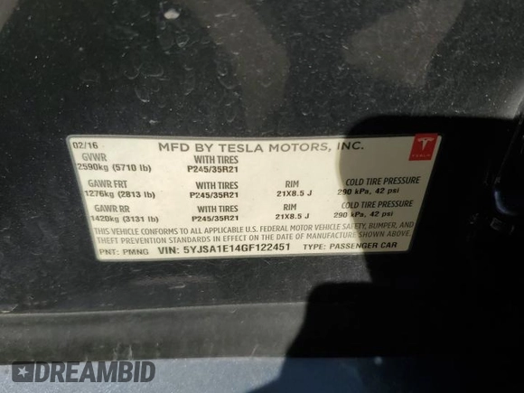 2016 Tesla Model S 70 with VIN 5YJSA1E14GF122451, listed as a Copart auction lot 50576575 with 65,441 mi miles and Salvage Title. Bid and sale history available at DreamBid. Image 12.