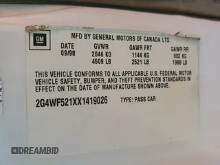 1999 Buick Regal GS with VIN 2G4WF521XX1419026, listed as a Copart auction lot 82878144 with 0 mi miles and Salvage Title. Bid and sale history available at carsss.com. Image 13.