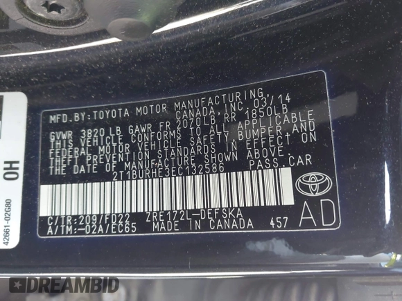 2014 Toyota Corolla L with VIN 2T1BURHE3EC132586, listed as a IAAI auction lot 41913247 with 97,482 mi miles and . Bid and sale history available at DreamBid. Image 9.