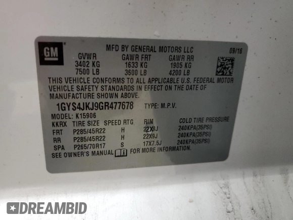2016 Cadillac Escalade ESV Premium Collection with VIN 1GYS4JKJ9GR477678, listed as a Copart auction lot 52886535 with 161,722 mi miles and Salvage title. Bid and sale history available at DreamBid. Image 13.