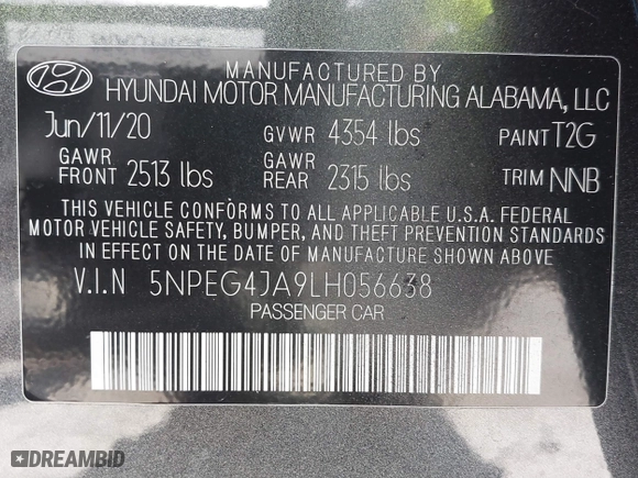 2020 Hyundai Sonata SE with VIN 5NPEG4JA9LH056638, listed as a IAAI auction lot 39818671 with 52,570 mi miles. Bid and sale history available at carsss.com. Image 9.