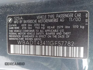 2001 BMW 5 Series 525i with VIN WBADT43411GF57782, listed as a IAAI auction lot 41433539 with 164,118 mi miles and . Bid and sale history available at DreamBid. Image 9.