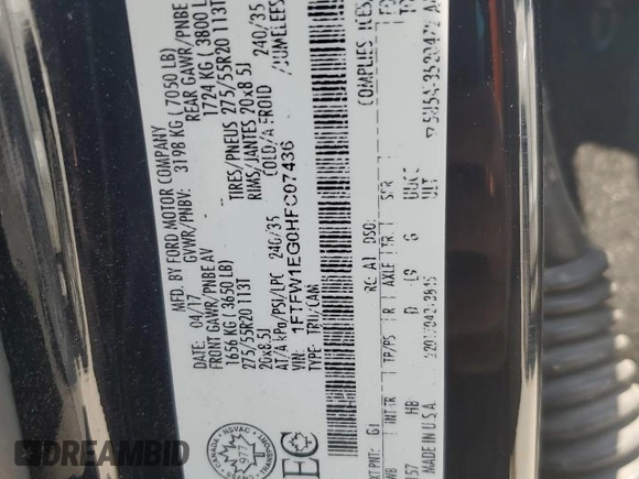 2017 Ford F-150 XL z VIN 1FTFW1EG0HFC07436, wystawiony jako Copart lot #61226045 z przebiegiem 223 986 mil mil oraz Czysty tytuł • Clean title. Historia ofert i sprzedaży dostępna na DreamBid. Obrazek 12.