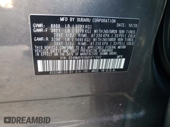 2021 Subaru Ascent Touring with VIN 4S4WMARD6M3417942, listed as a Copart auction lot 87461794 with 80,580 mi miles and Salvage Title. Bid and sale history available at carsss.com. Image 12.