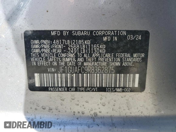 2024 Subaru Impreza Sport with VIN JF1GUAFC9R8362875, listed as a Copart auction lot 75632764 with 4,681 mi miles and Salvage Title. Bid and sale history available at carsss.com. Image 13.