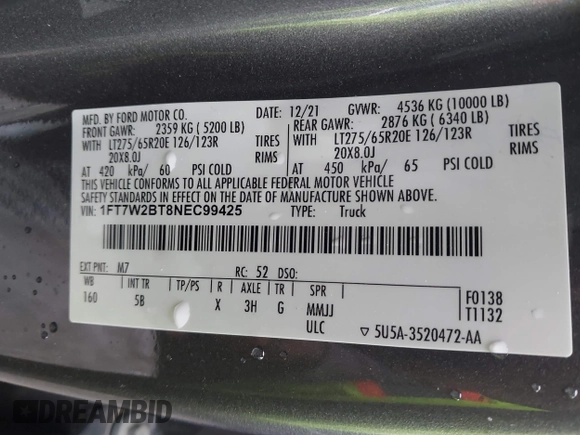 2022 Ford F-250 XL with VIN 1FT7W2BT8NEC99425, listed as a IAAI auction lot 42153769 with 80,567 mi miles and . Bid and sale history available at DreamBid. Image 9.