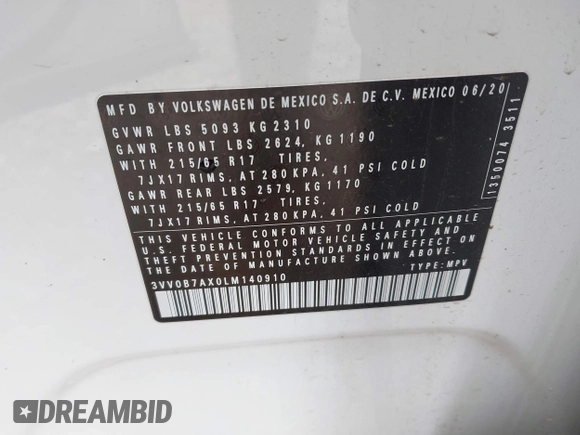 2020 Volkswagen Tiguan S with VIN 3VV0B7AX0LM140910, listed as a IAAI auction lot 42622385 with 80,998 mi miles and . Bid and sale history available at DreamBid. Image 9.