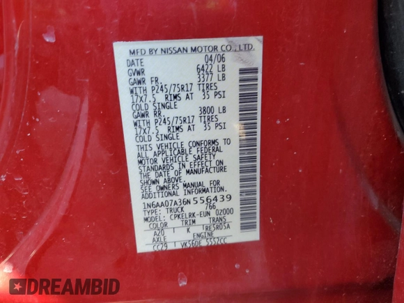 2006 Nissan Titan SE z VIN 1N6AA07A36N556439, wystawiony jako Copart lot #49556645 z przebiegiem 258 089 mil mil oraz Szkoda całkowita • Salvage title. Historia ofert i sprzedaży dostępna na DreamBid. Obrazek 12.