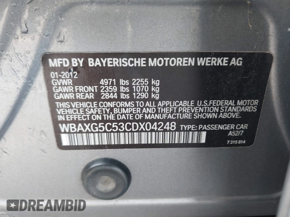 2012 BMW 5 Series 528i with VIN WBAXG5C53CDX04248, listed as a IAAI auction lot 42004099 with 197,776 mi miles. Bid and sale history available at carsss.com. Image 9.