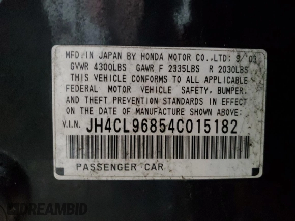 2004 Acura TSX with VIN JH4CL96854C015182, listed as a Copart auction lot 52931265 with 203,833 mi miles and Clean Title. Bid and sale history available at carsss.com. Image 12.