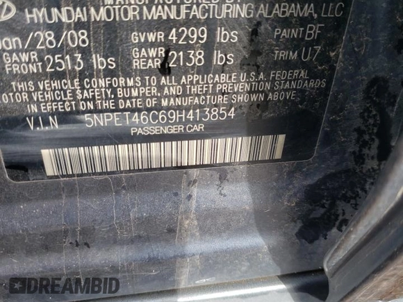 2009 Hyundai Sonata GLS с VIN 5NPET46C69H413854, выставлен на аукционе Copart как лот 42496585 с пробегом 173 824 миль миль и Списание • Salvage title. История ставок и продаж доступна на DreamBid. Изображение 13.