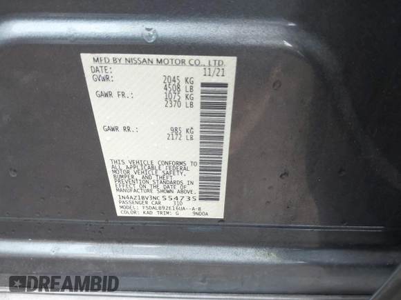 2022 Nissan LEAF S with VIN 1N4AZ1BV3NC554735, listed as a IAAI auction lot 41520034 with 32,171 mi miles and . Bid and sale history available at DreamBid. Image 9.