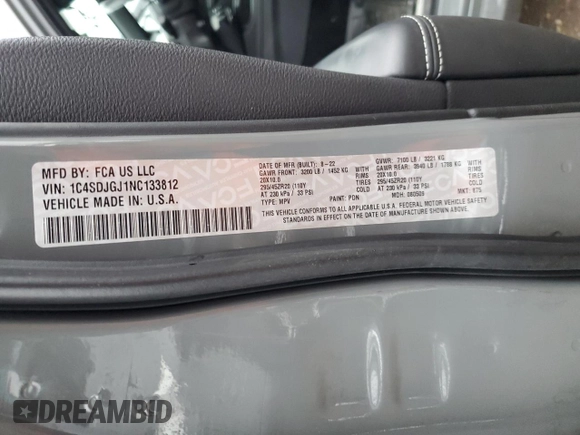 2022 Dodge Durango SRT 392 with VIN 1C4SDJGJ1NC133812, listed as a Copart auction lot 85062594 with 34,867 mi miles and Salvage title. Bid and sale history available at DreamBid. Image 13.