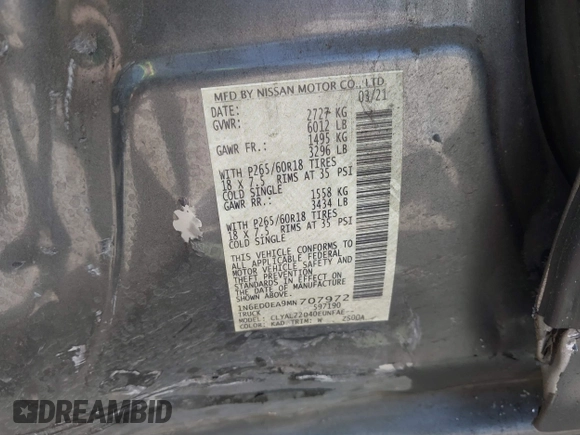 2021 Nissan Frontier SV with VIN 1N6ED0EA9MN707972, listed as a IAAI auction lot 41823460 with 71,085 mi miles and . Bid and sale history available at DreamBid. Image 9.