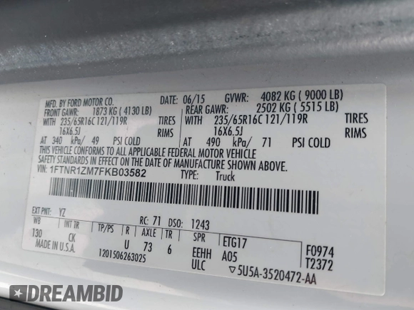 2015 Ford Transit Cargo with VIN 1FTNR1ZM7FKB03582, listed as a IAAI auction lot 41496652 with 205,663 mi miles and . Bid and sale history available at DreamBid. Image 9.