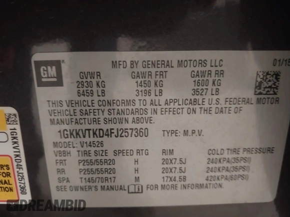 2015 GMC Acadia Denali with VIN 1GKKVTKD4FJ257360, listed as a IAAI auction lot 41828556 with 110,268 mi miles. Bid and sale history available at carsss.com. Image 9.