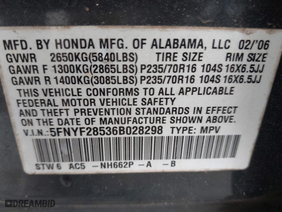 2006 Honda Pilot EX-L with VIN 5FNYF28536B028298, listed as a IAAI auction lot 42104705 with 244,790 mi miles. Bid and sale history available at carsss.com. Image 9.