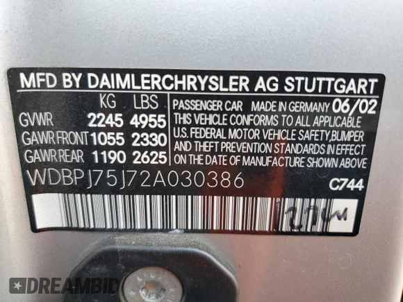 2002 Mercedes-Benz CL 500/600 z VIN WDBPJ75J72A030386, wystawiony jako Copart lot #63415904 z przebiegiem Nie podano mil oraz Szkody całkowita. Historia ofert i sprzedaży dostępna na DreamBid. Obrazek 14.