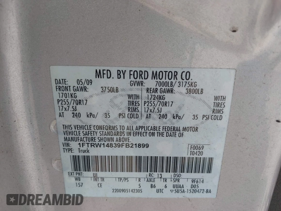 2009 Ford F-150 XL with VIN 1FTRW14839FB21899, listed as a IAAI auction lot 42821998 with 182,665 mi miles and . Bid and sale history available at DreamBid. Image 9.
