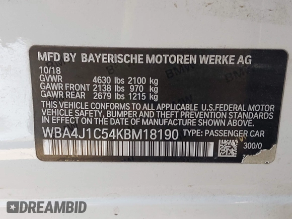 2019 BMW 4 Series 430i with VIN WBA4J1C54KBM18190, listed as a IAAI auction lot 42012759 with 73,598 mi miles. Bid and sale history available at carsss.com. Image 9.