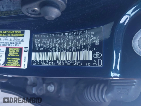 2019 Toyota Corolla L with VIN 2T1BURHE3KC137878, listed as a IAAI auction lot 41861012 with 145,668 mi miles and . Bid and sale history available at DreamBid. Image 9.