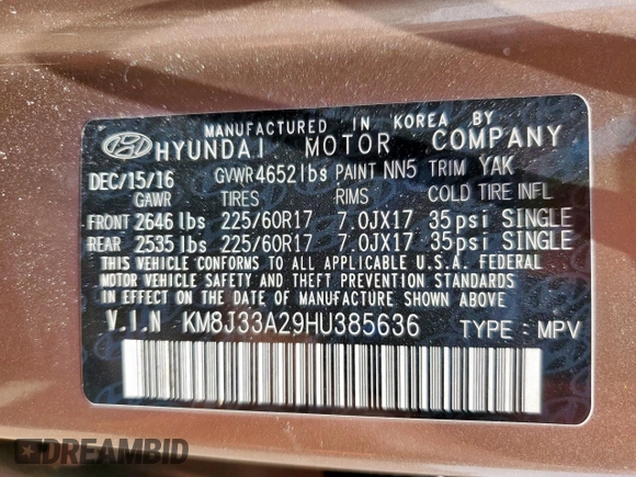 2017 Hyundai Tucson Sport with VIN KM8J33A29HU385636, listed as a Copart auction lot 58720035 with 137,120 mi miles and Clean title. Bid and sale history available at DreamBid. Image 12.