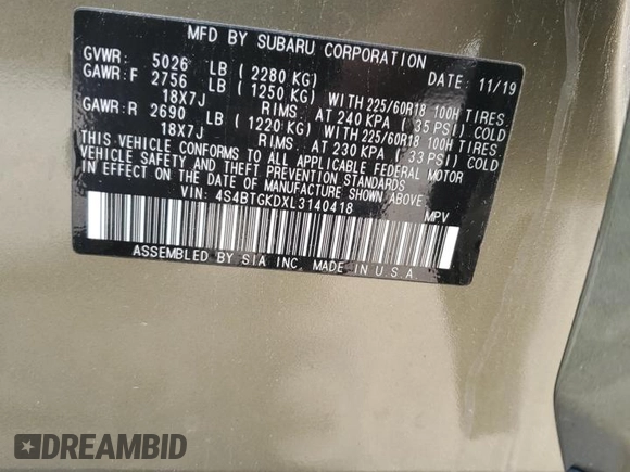 2020 Subaru Outback Onyx XT with VIN 4S4BTGKDXL3140418, listed as a Copart auction lot 58481975 with 114,938 mi miles and Salvage title. Bid and sale history available at DreamBid. Image 13.