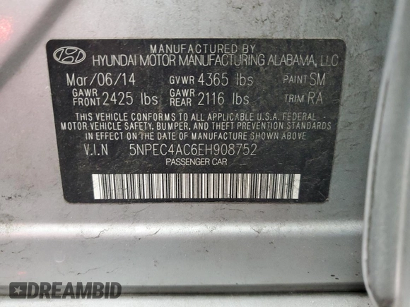 2014 Hyundai Sonata SE with VIN 5NPEC4AC6EH908752, listed as a Copart auction lot 53448735 with 156,474 mi miles and Salvage Title. Bid and sale history available at DreamBid. Image 13.