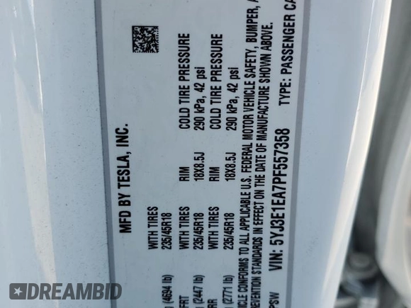 2023 Tesla Model 3 with VIN 5YJ3E1EA7PF557358, listed as a Copart auction lot 48891985 with 20,673 mi miles and Salvage title. Bid and sale history available at DreamBid. Image 15.