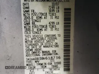 2008 Nissan Armada SE z VIN 5N1AA08C08N618736, wystawiony jako Copart lot #49589795 z przebiegiem 195 002 mil mil oraz Szkoda całkowita • Salvage title. Historia ofert i sprzedaży dostępna na DreamBid. Obrazek 13.