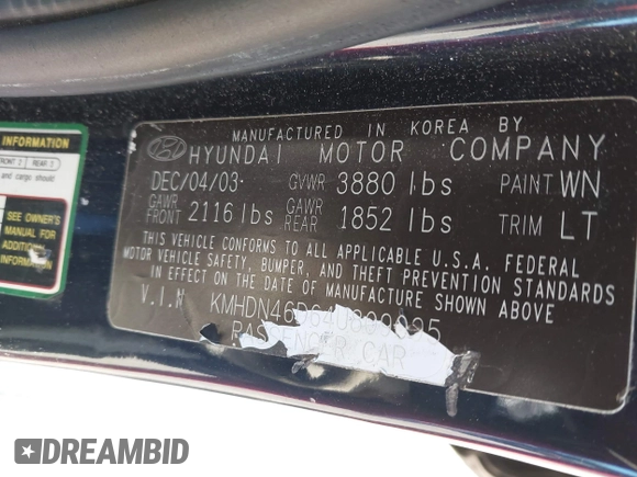 2004 Hyundai Elantra GLS z VIN KMHDN46D64U809095, wystawiony jako IAAI lot #42305429 z przebiegiem Nie podano mil oraz . Historia ofert i sprzedaży dostępna na DreamBid. Obrazek 9.